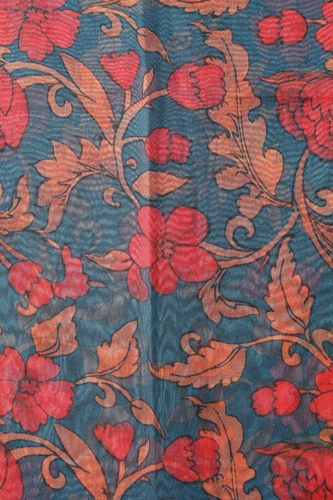 Red And Orange Floral Digital Print On Prussian Blue Organza Fabric - doeraa