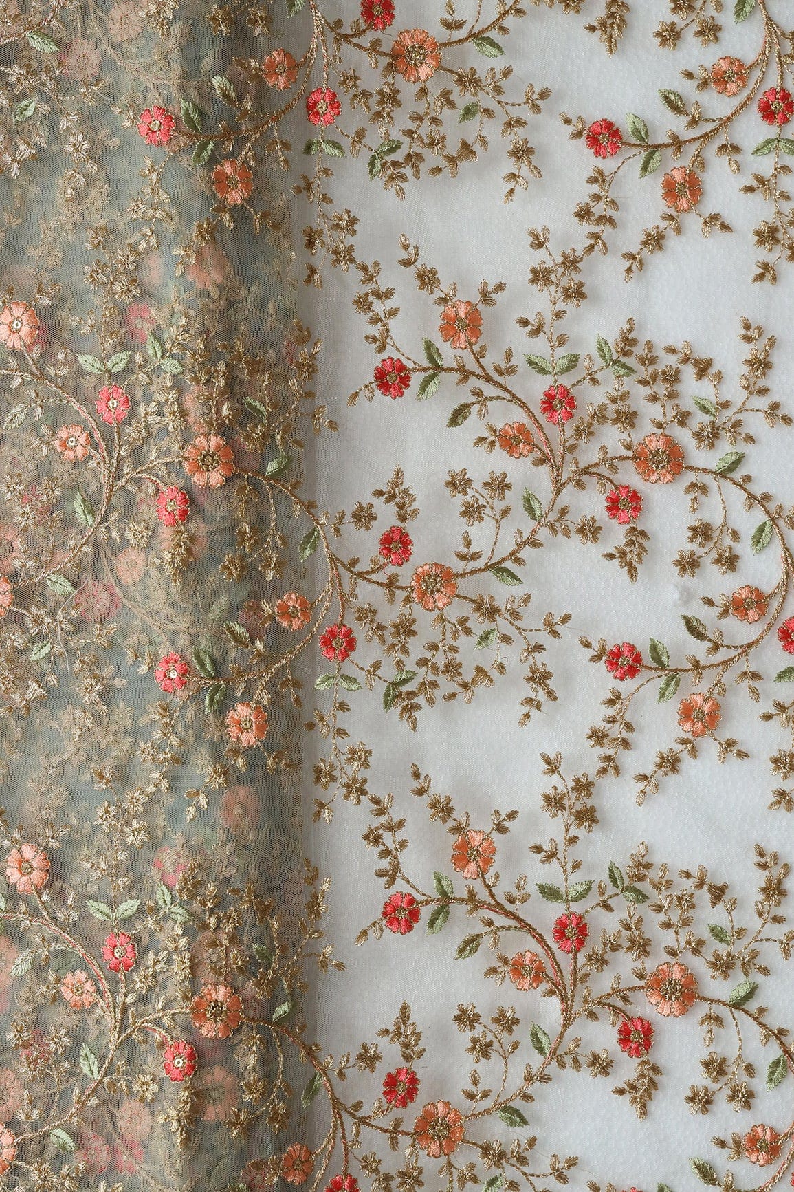 Red And Peach Thread With Gold Zari Floral Embroidery Work On Dusty Olive Soft Net Fabric - doeraa