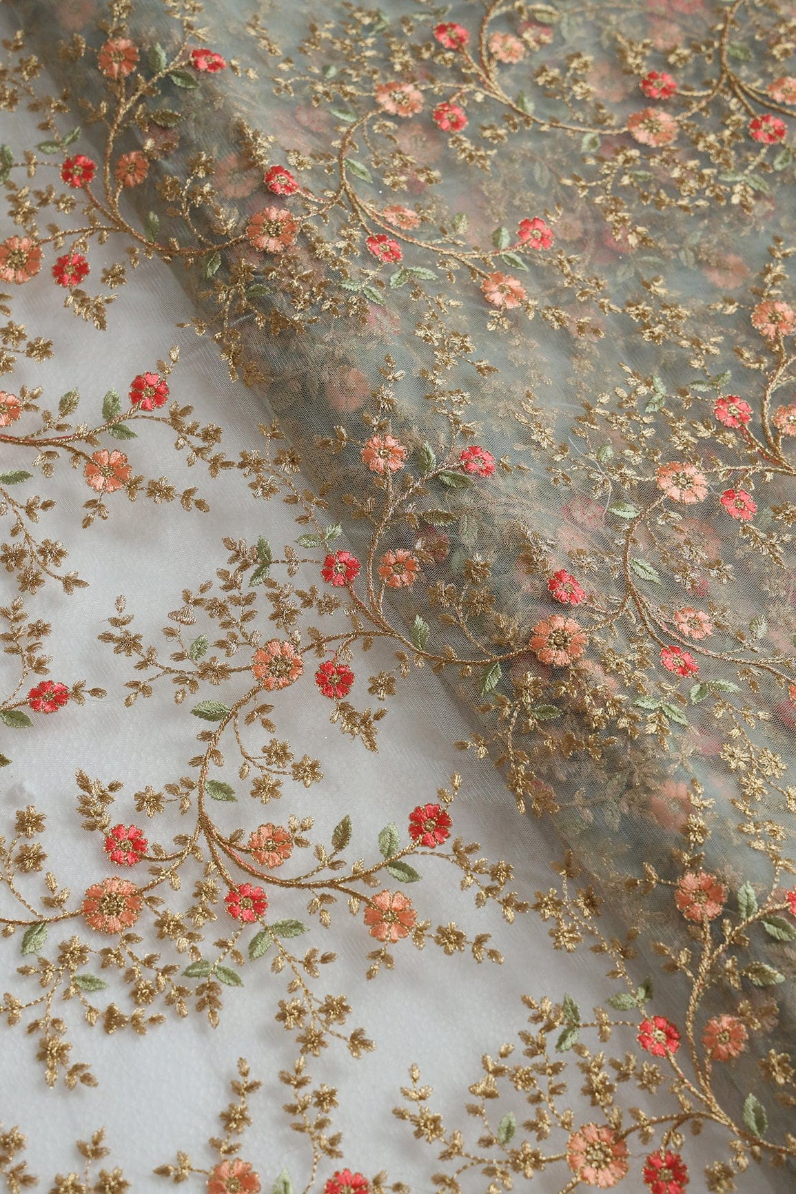 Red And Peach Thread With Gold Zari Floral Embroidery Work On Dusty Olive Soft Net Fabric - doeraa