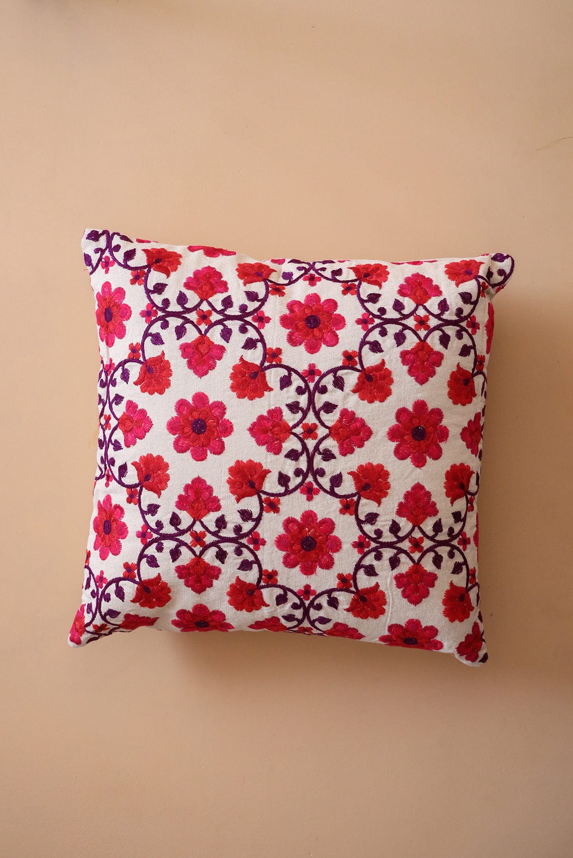 Red and Pink Floral Embroidery on off white cotton Cushion Cover (16*16 inches) - doeraa