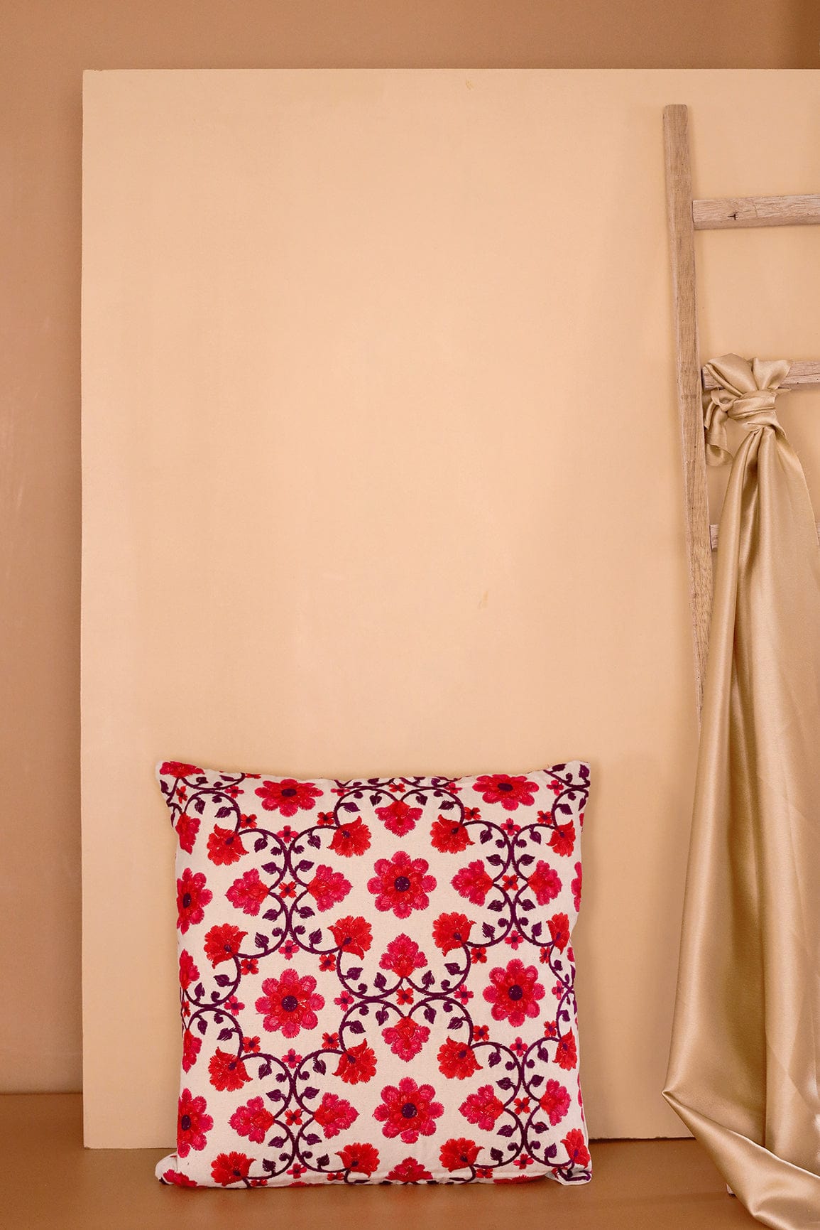 Red and Pink Floral Embroidery on off white cotton Cushion Cover (16*16 inches) - doeraa