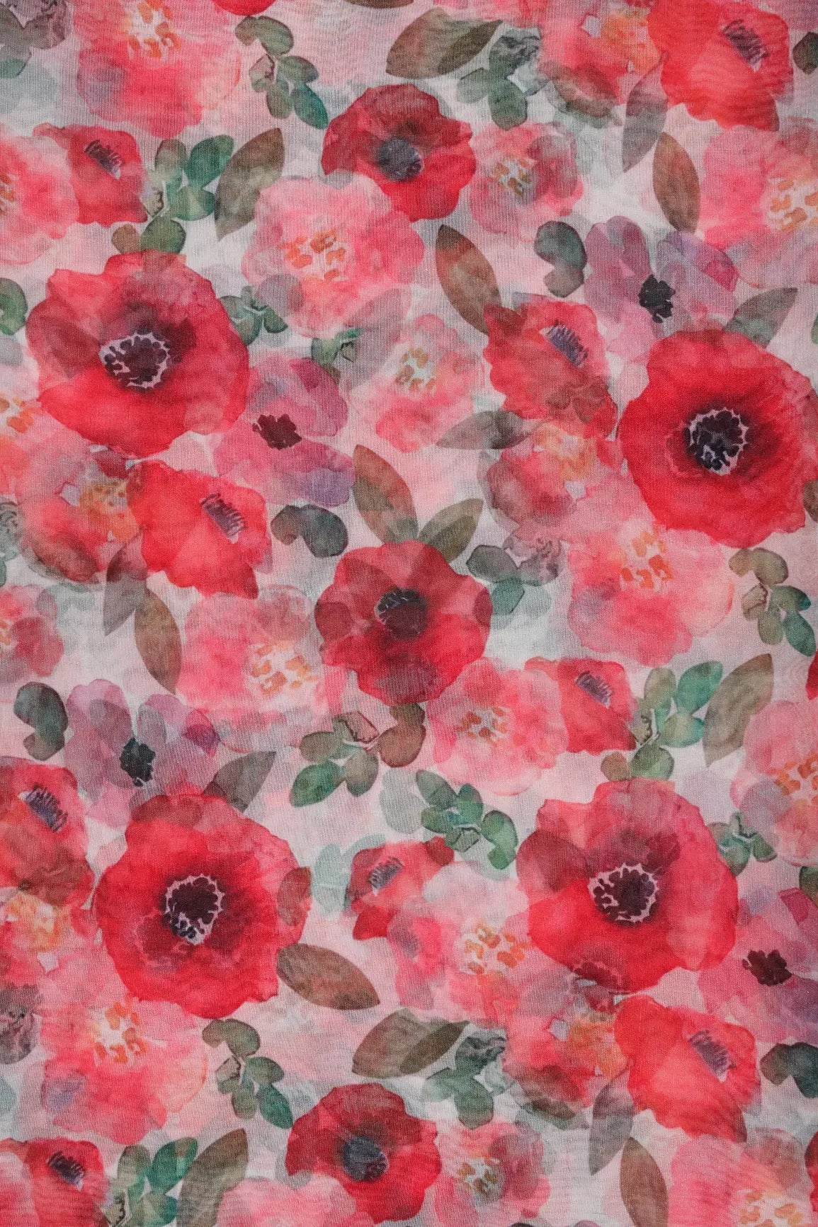 Red And Pink Floral Pattern Digital Print On White Organza Fabric - doeraa