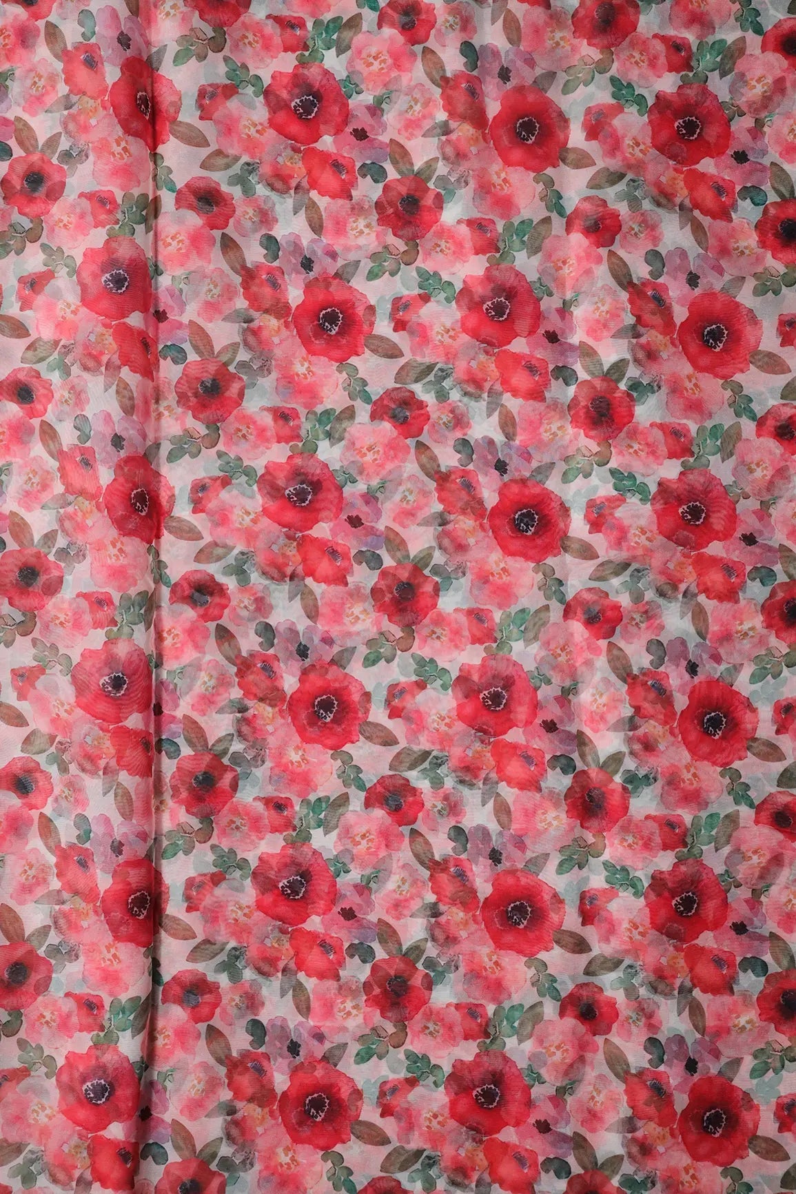 Red And Pink Floral Pattern Digital Print On White Organza Fabric - doeraa