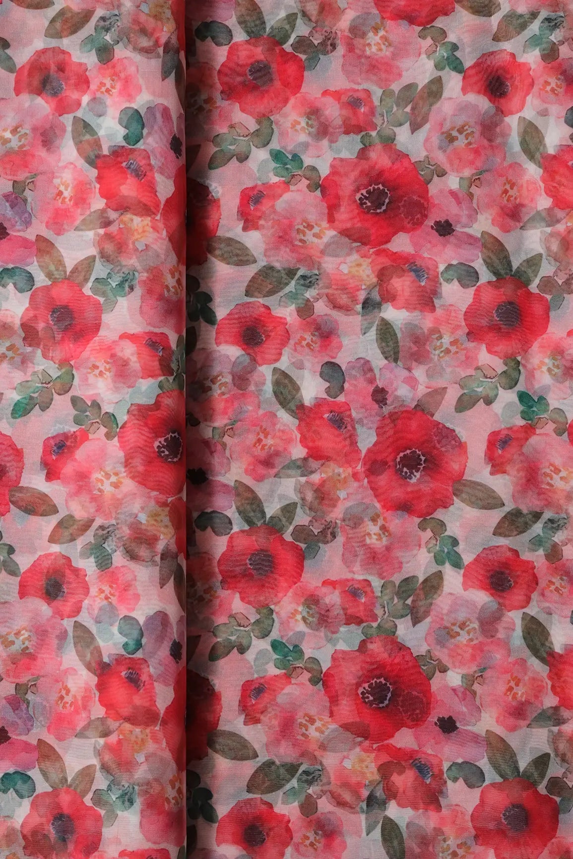 Red And Pink Floral Pattern Digital Print On White Organza Fabric - doeraa