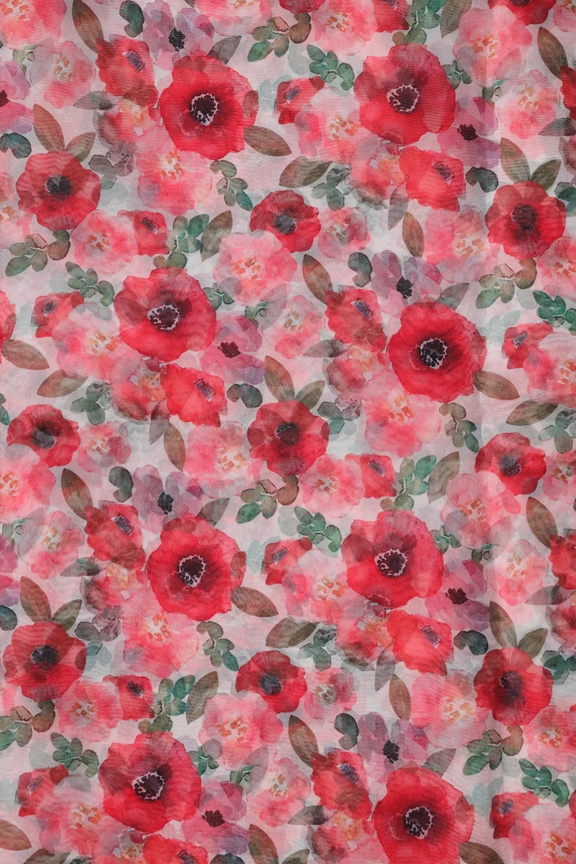 Red And Pink Floral Pattern Digital Print On White Organza Fabric - doeraa