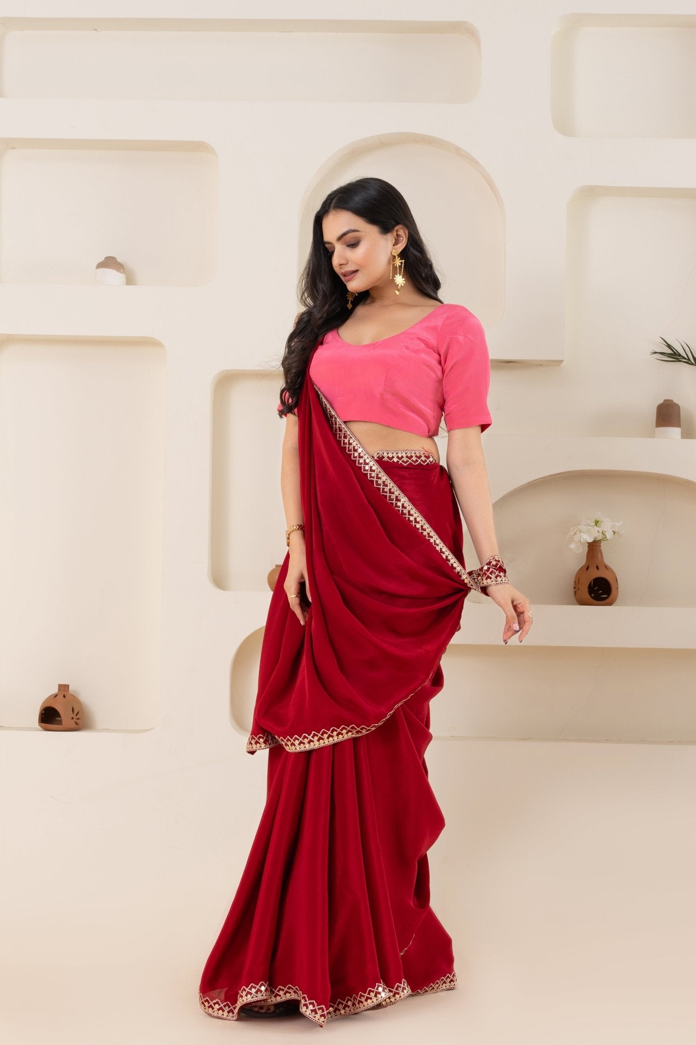 Red And Pink Pure Viscose Crepe Saree Set With Border (Saree With Blouse Piece) - doeraa