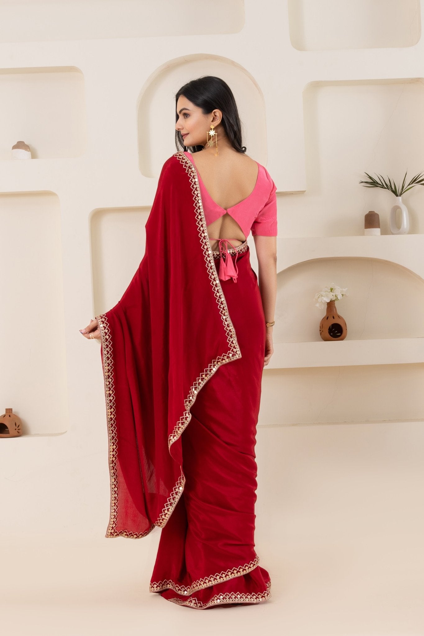 Red And Pink Pure Viscose Crepe Saree Set With Border (Saree With Blouse Piece) - doeraa