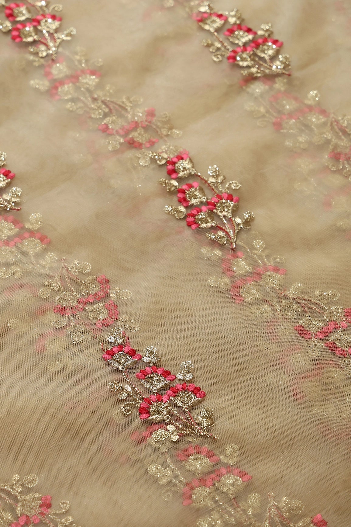 Red And Pink Thread With Gold Sequins Floral Embroidery On Beige Soft Net Fabric - doeraa