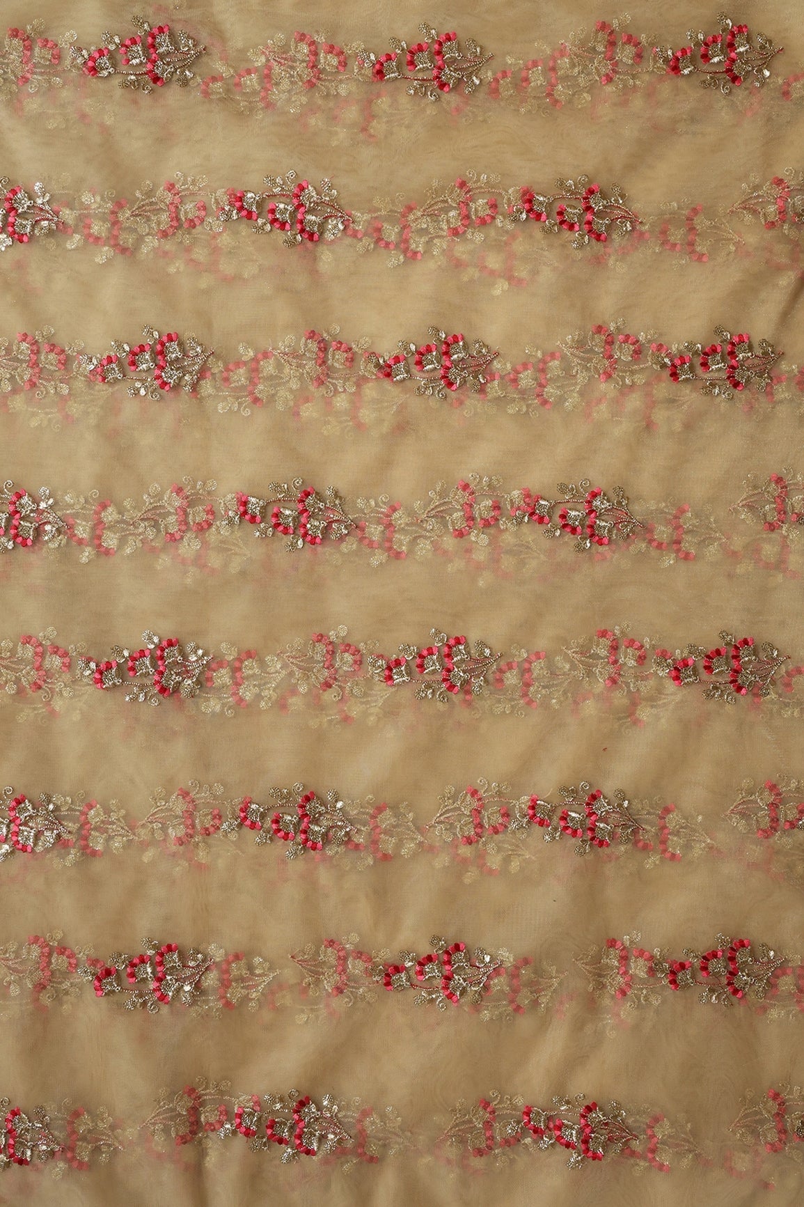 Red And Pink Thread With Gold Sequins Floral Embroidery On Beige Soft Net Fabric - doeraa