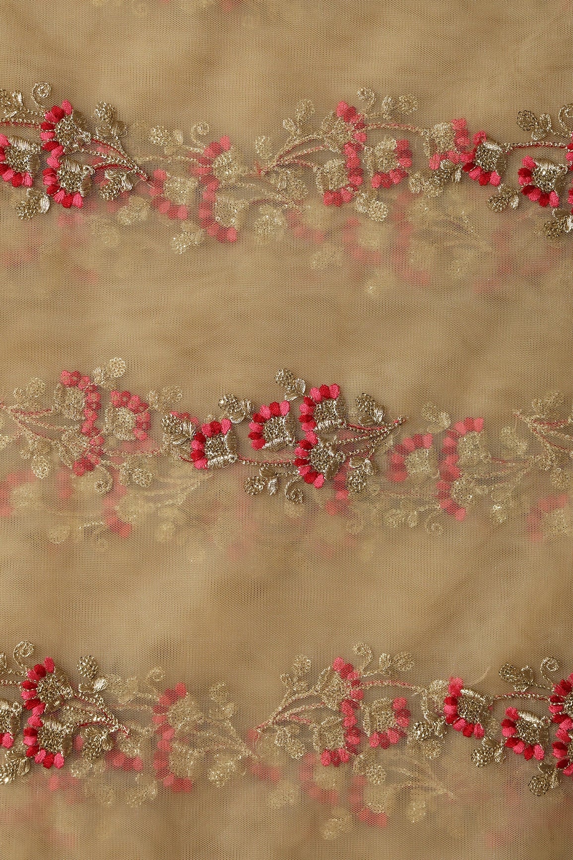 Red And Pink Thread With Gold Sequins Floral Embroidery On Beige Soft Net Fabric - doeraa