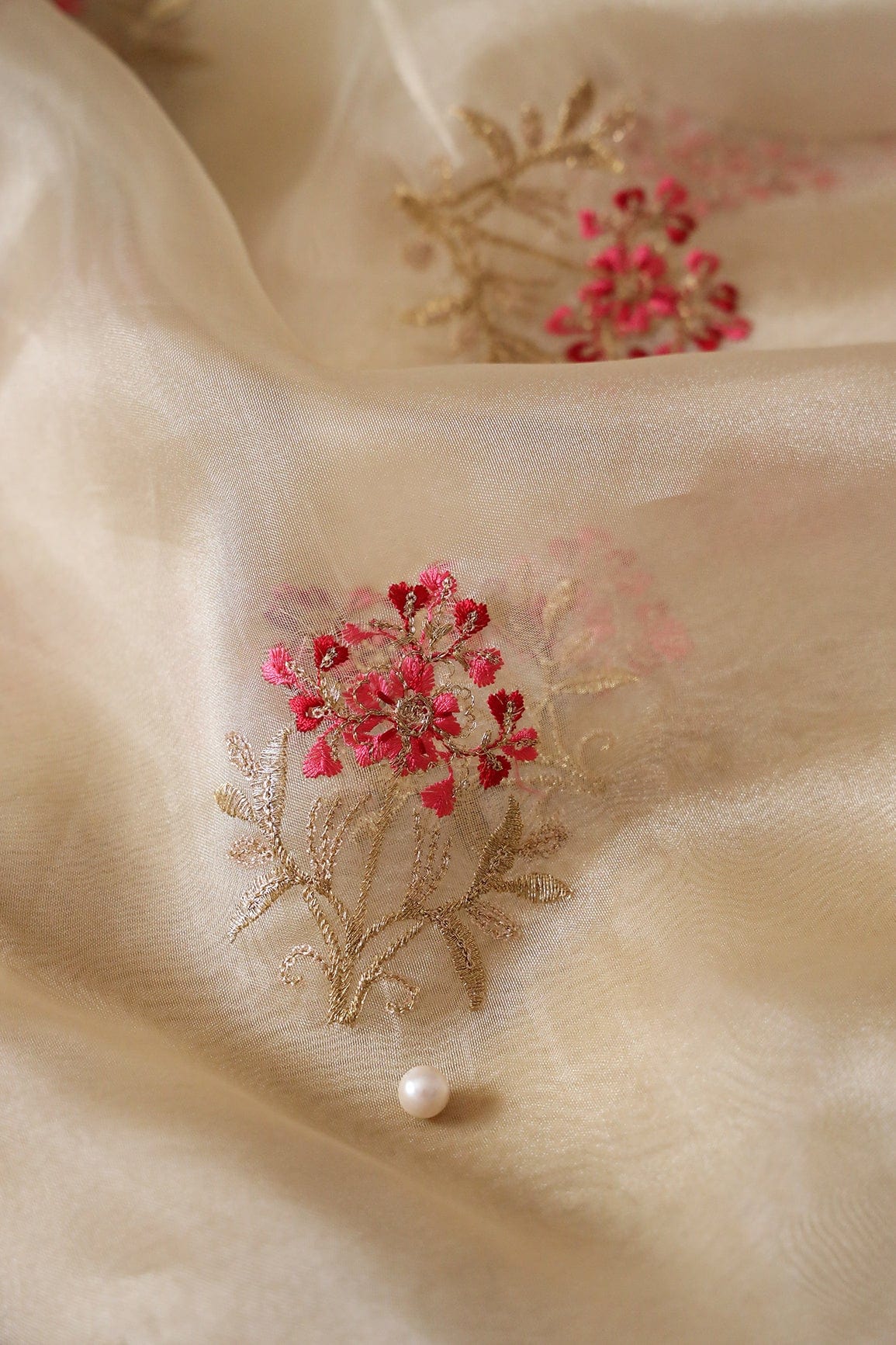 Red And Pink Thread With Gold Sequins Floral Embroidery Work On Beige Tissue Fabric - doeraa