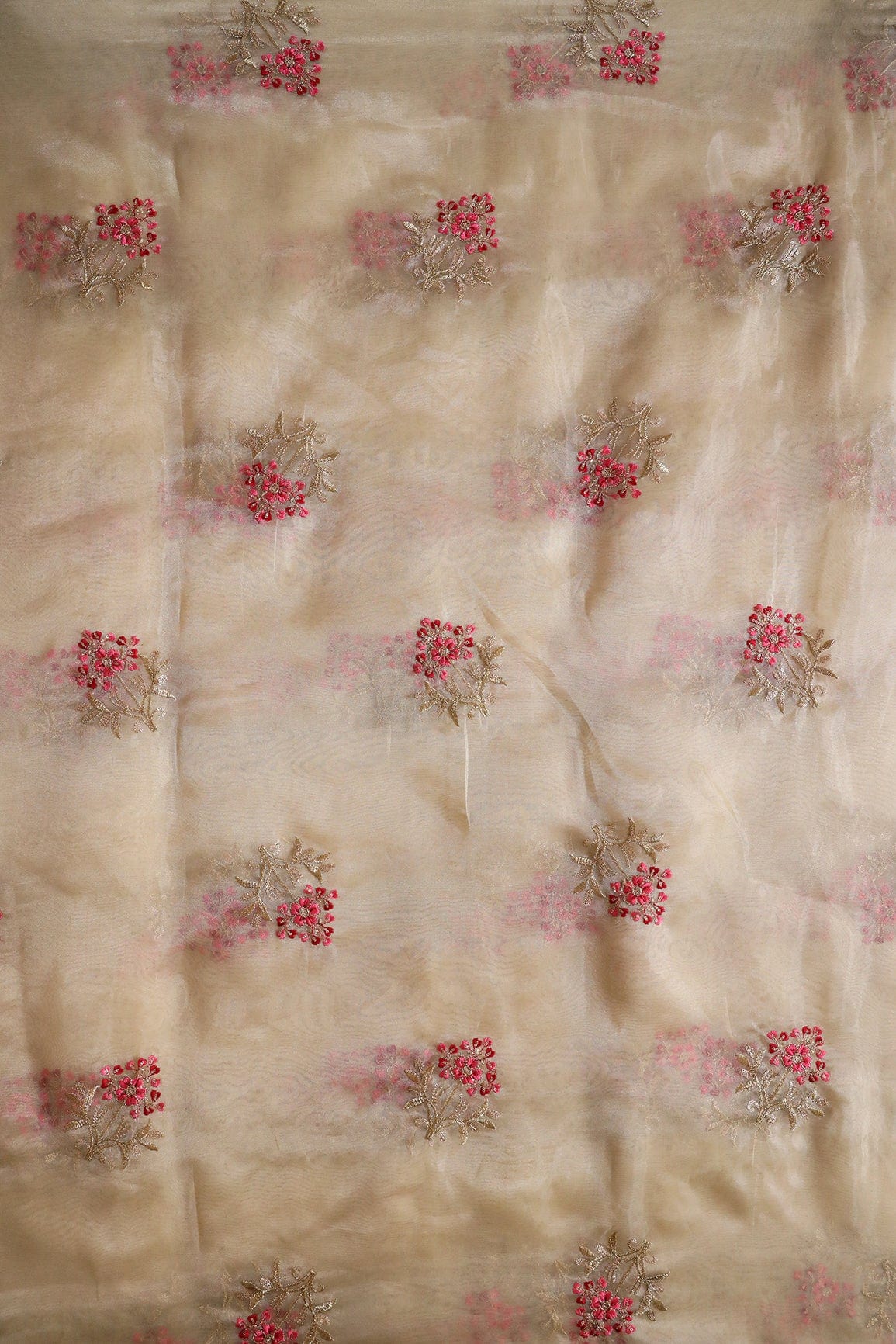 Red And Pink Thread With Gold Sequins Floral Embroidery Work On Beige Tissue Fabric - doeraa
