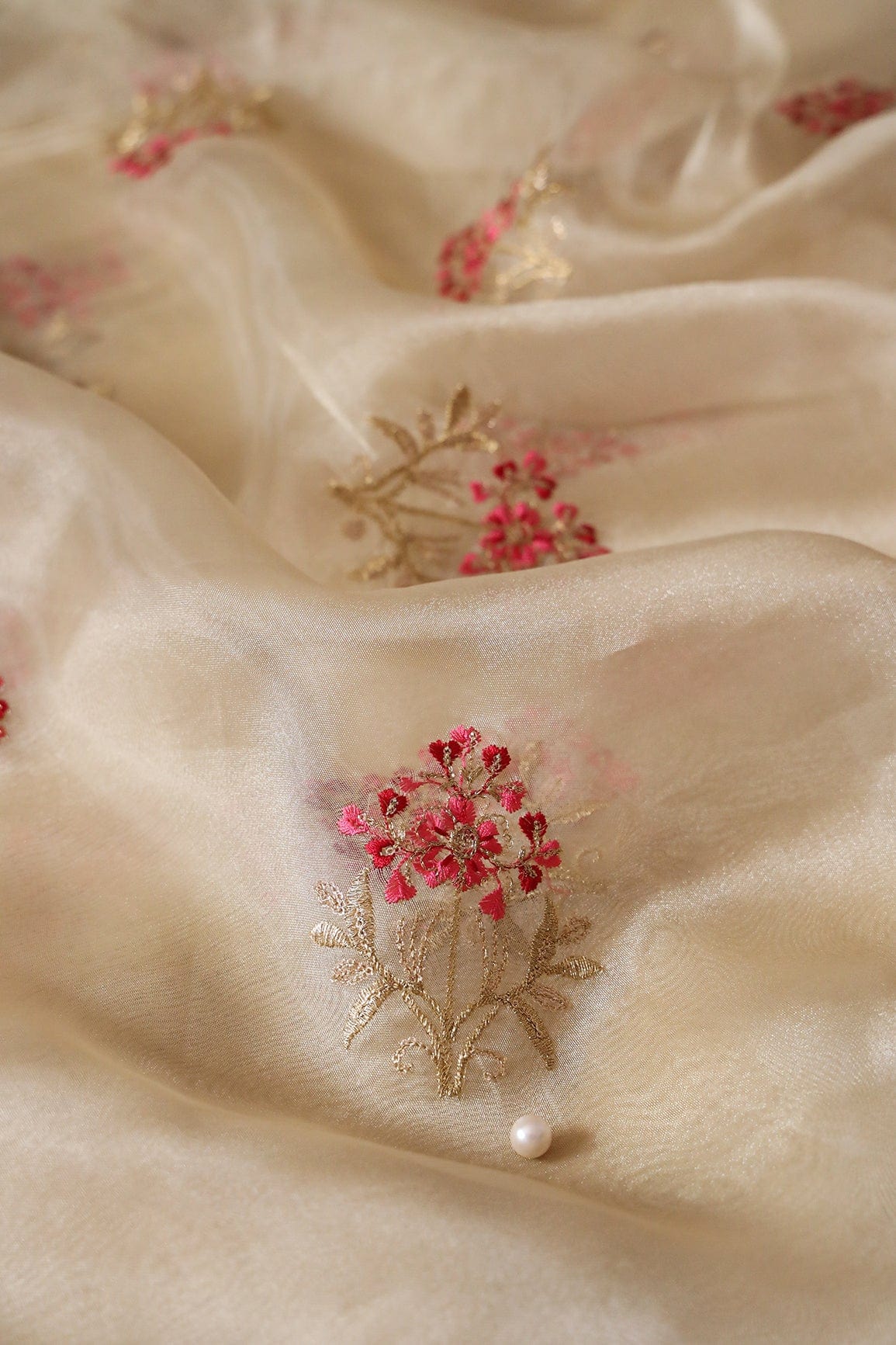 Red And Pink Thread With Gold Sequins Floral Embroidery Work On Beige Tissue Fabric - doeraa