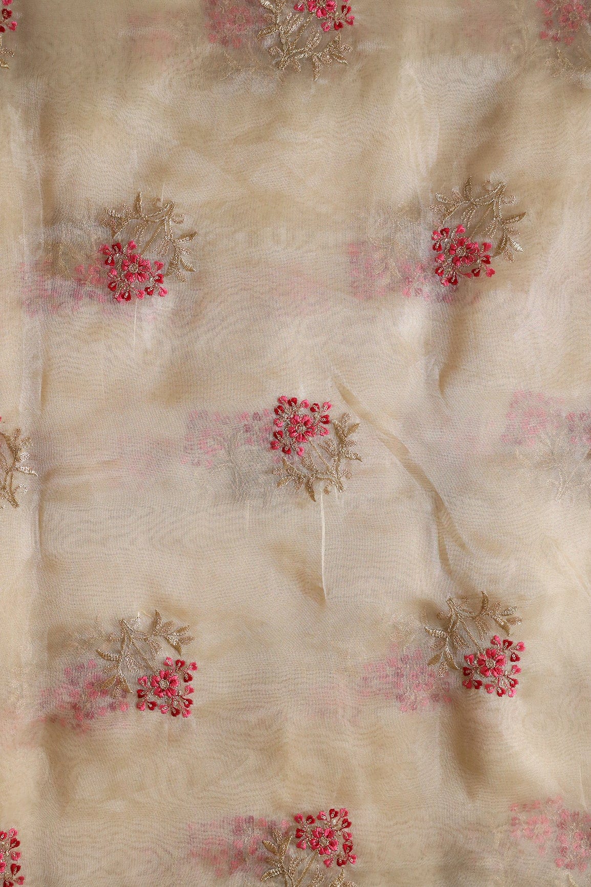 Red And Pink Thread With Gold Sequins Floral Embroidery Work On Beige Tissue Fabric - doeraa