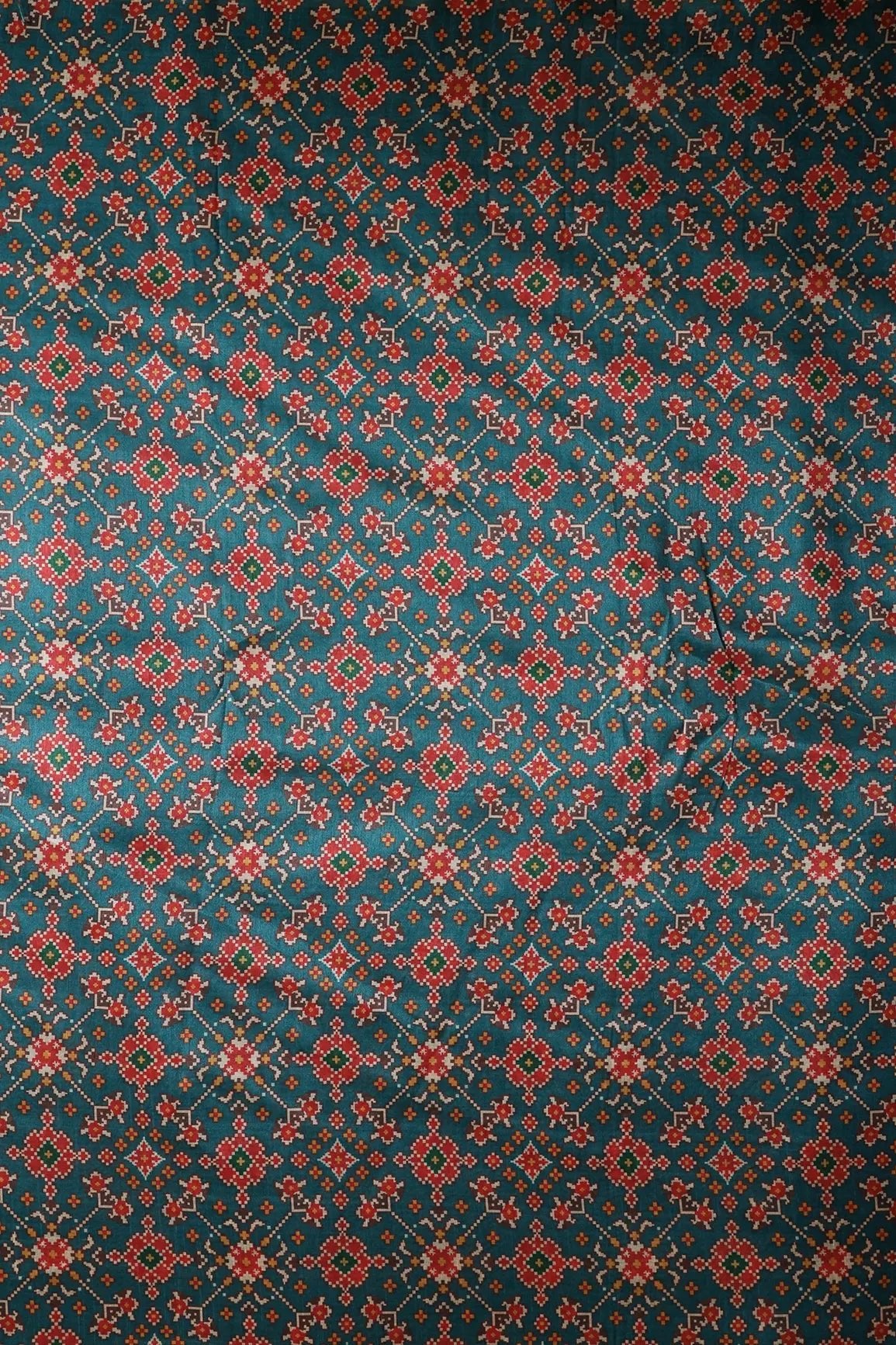 Red And Rama Patola Pattern Digital Print On Mulberry Silk Fabric - doeraa