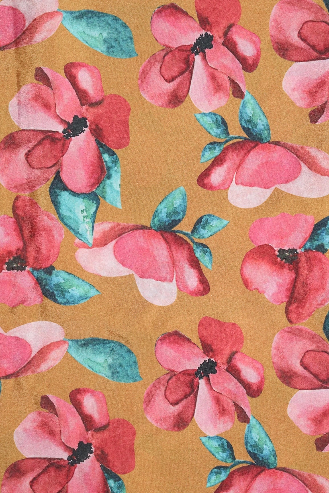 Red And Turquoise Floral Digital Print On Mustard Yellow Crepe Fabric - doeraa