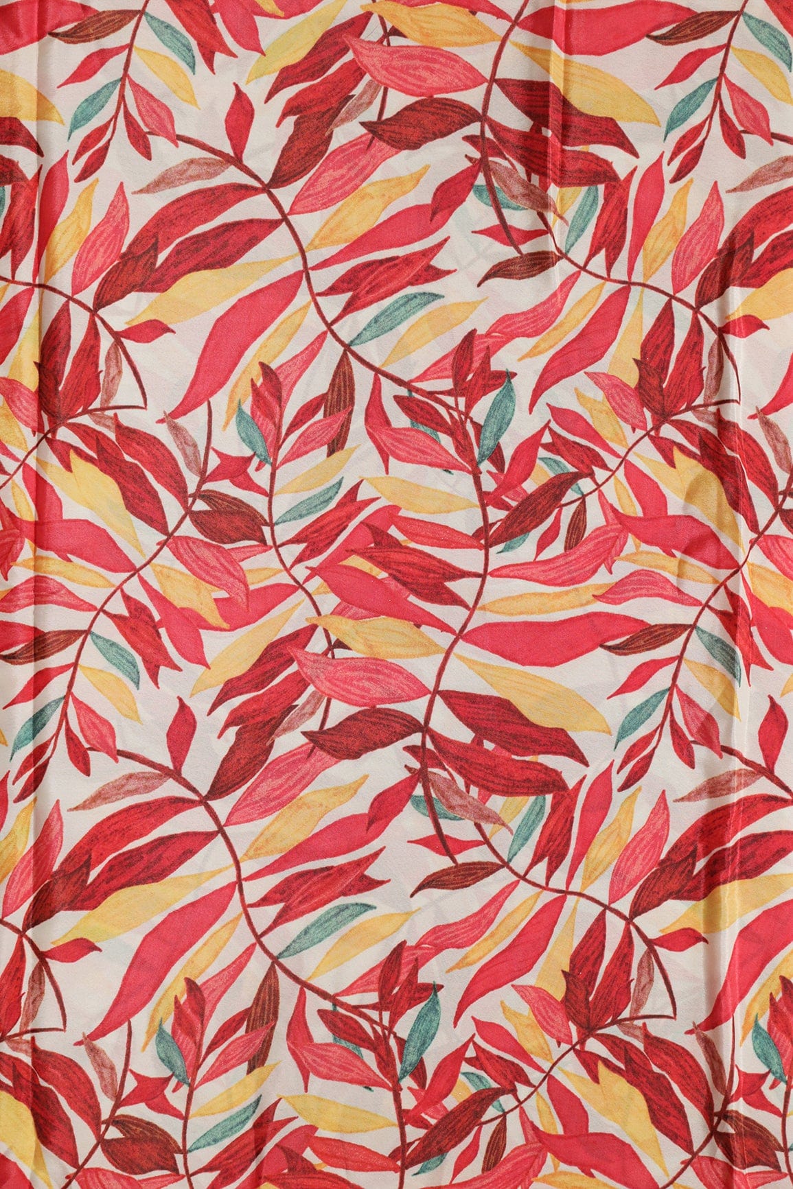 Red And Yellow Leafy Pattern Digital Print On White Crepe Fabric - doeraa