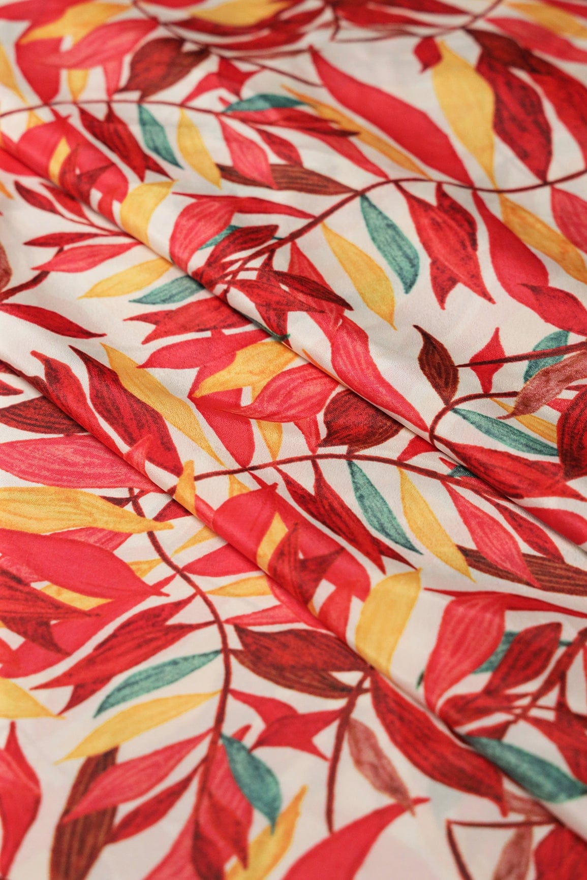 Red And Yellow Leafy Pattern Digital Print On White Crepe Fabric - doeraa