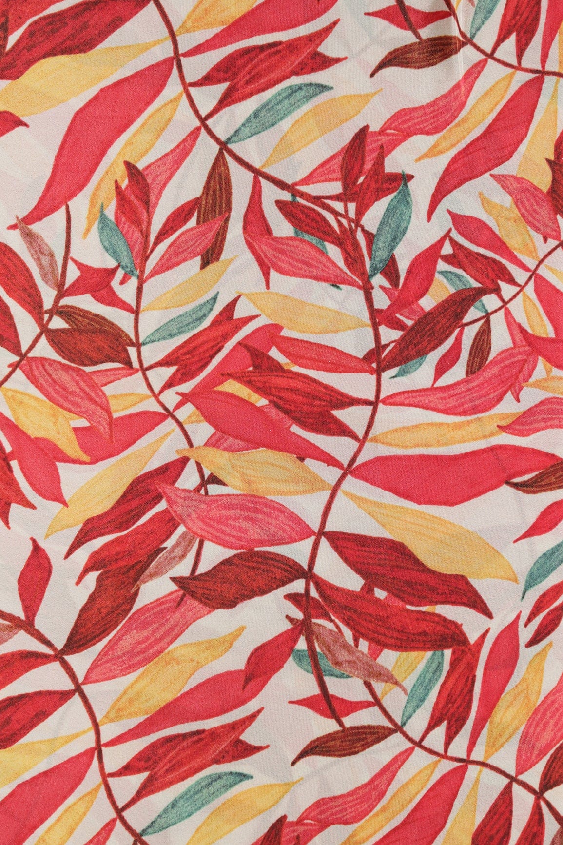 Red And Yellow Leafy Pattern Digital Print On White Crepe Fabric - doeraa