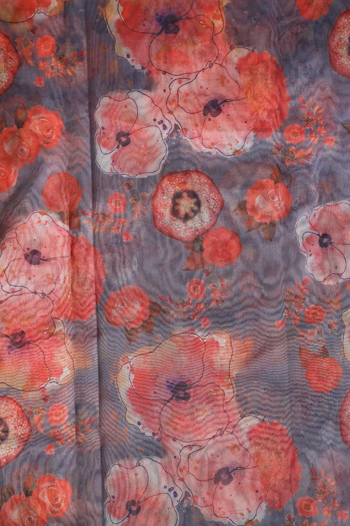 Red Beautiful Floral Digital Print On Grey Organza Fabric - doeraa