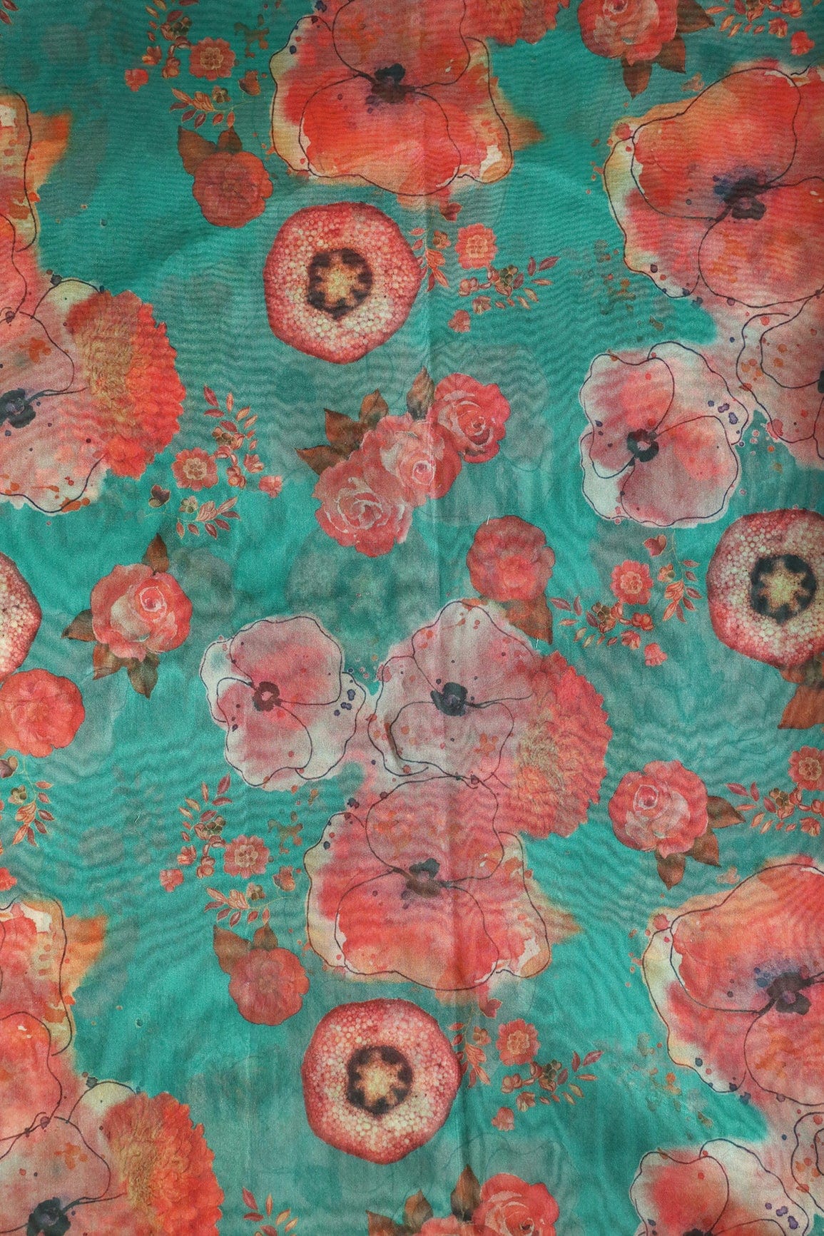 Red Beautiful Floral Digital Print On Pine Green Organza Fabric - doeraa