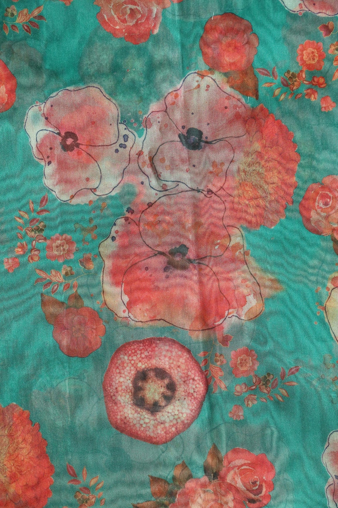 Red Beautiful Floral Digital Print On Pine Green Organza Fabric - doeraa