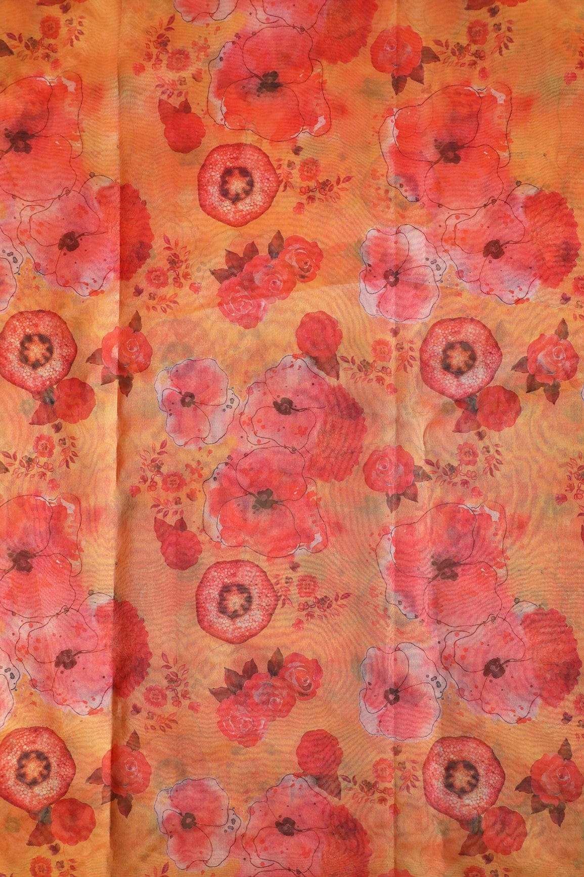 Red Beautiful Floral Digital Print On Yellow Ochre Organza Fabric - doeraa