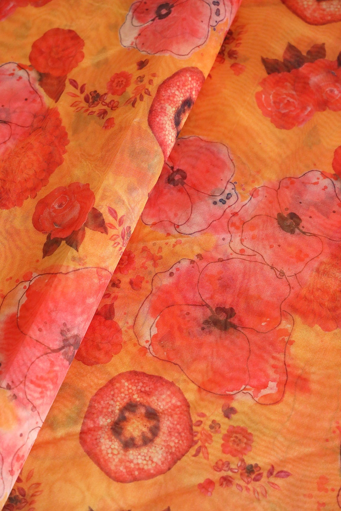 Red Beautiful Floral Digital Print On Yellow Ochre Organza Fabric - doeraa