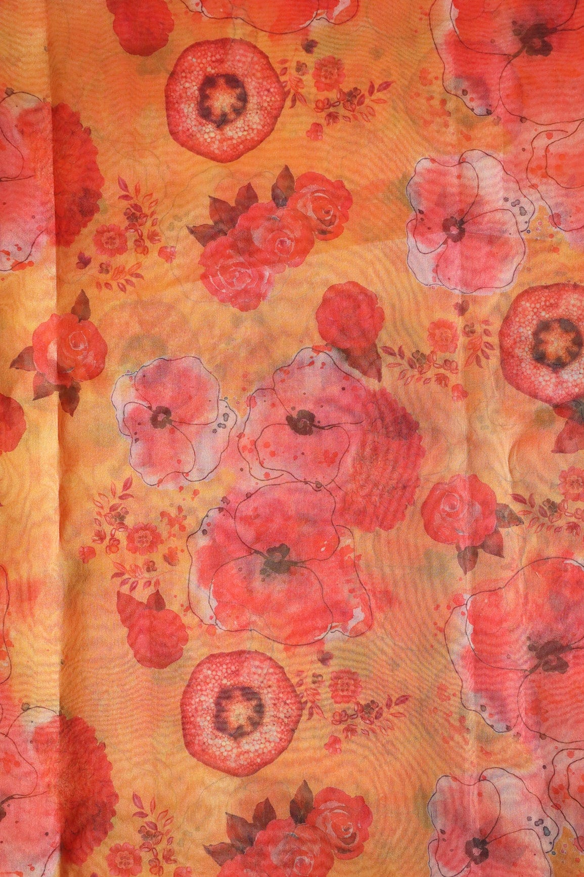 Red Beautiful Floral Digital Print On Yellow Ochre Organza Fabric - doeraa