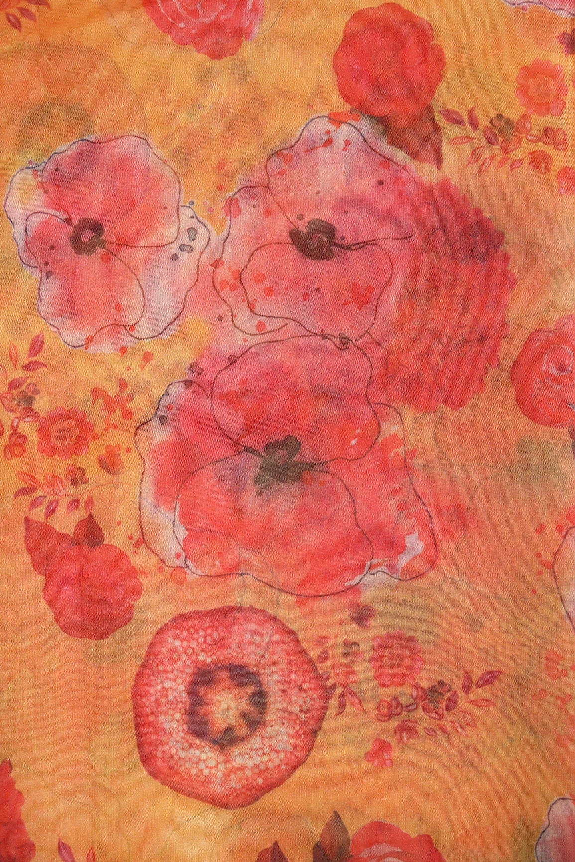 Red Beautiful Floral Digital Print On Yellow Ochre Organza Fabric - doeraa