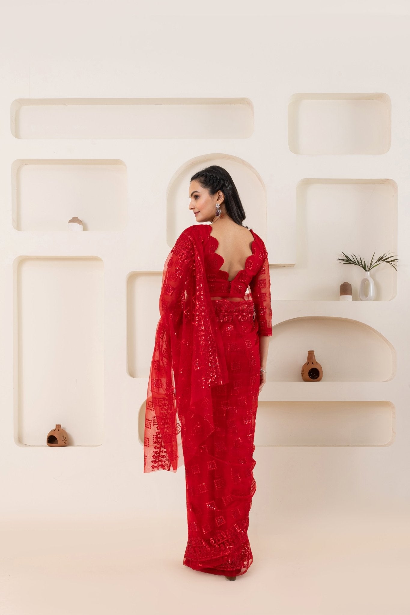 Red Checks Embroidery Saree Set (Saree With Blouse Piece) - doeraa