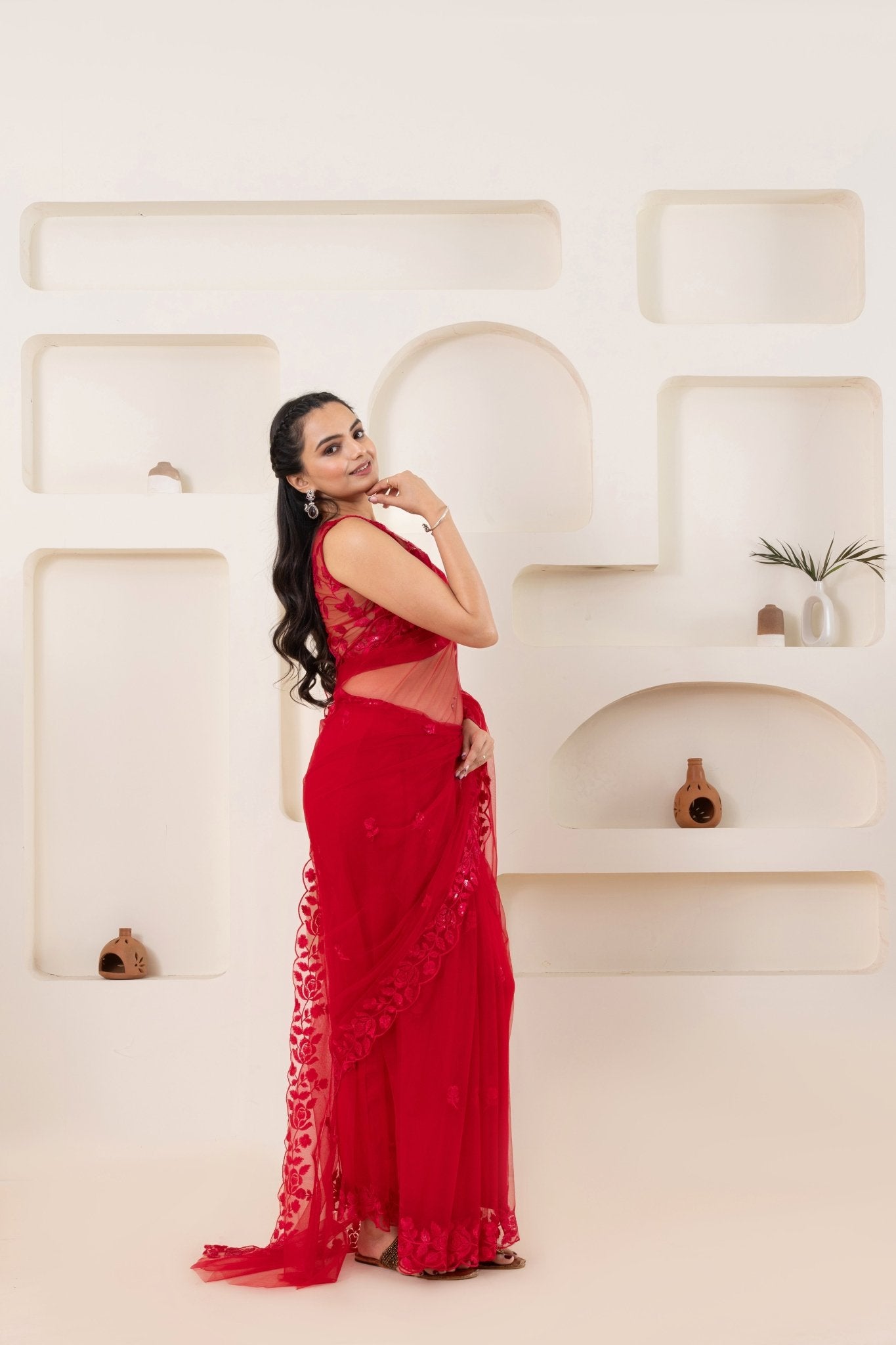 Red Embroidery Saree Set (Saree With Blouse Piece) - doeraa