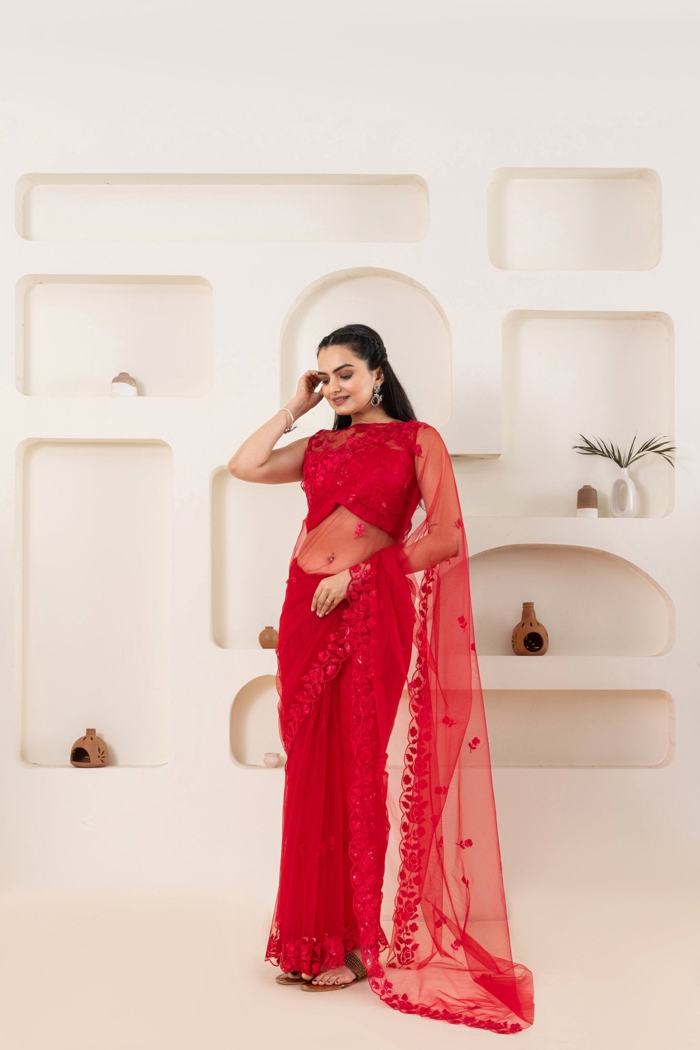 Red Embroidery Saree Set (Saree With Blouse Piece) - doeraa