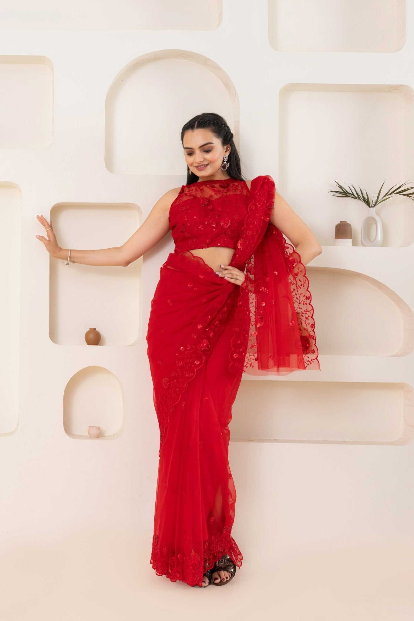 Red Embroidery Saree Set (Saree With Blouse Piece) - doeraa