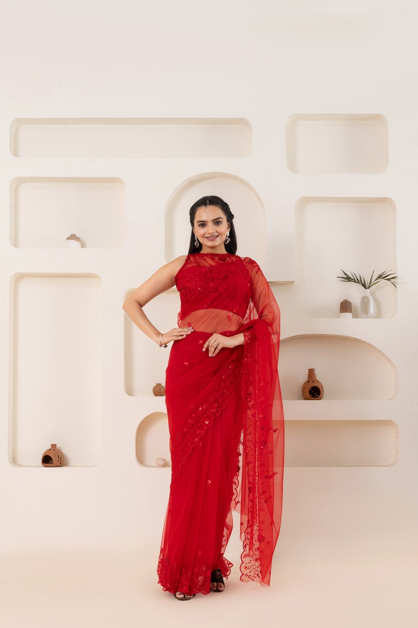 Red Embroidery Saree Set (Saree With Blouse Piece) - doeraa