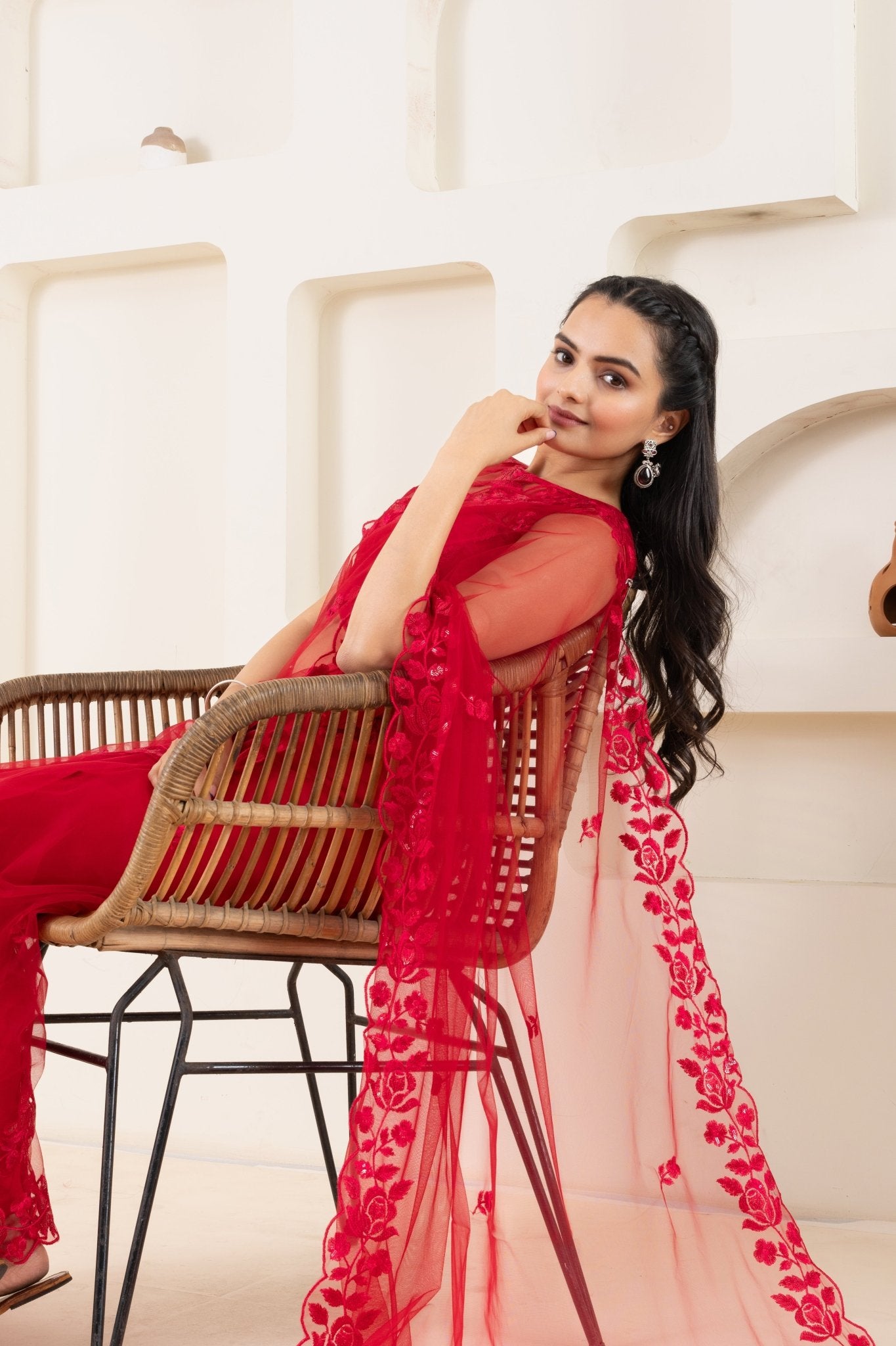 Red Embroidery Saree Set (Saree With Blouse Piece) - doeraa