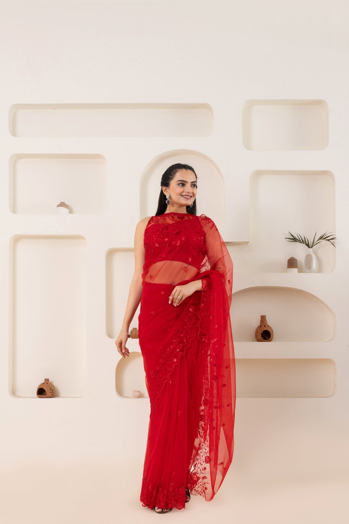 Red Embroidery Saree Set (Saree With Blouse Piece) - doeraa