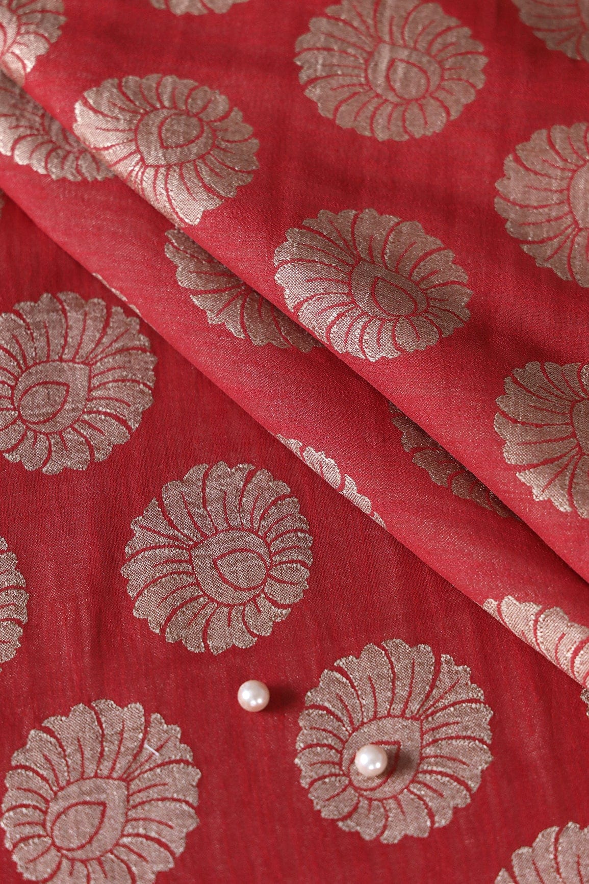 Red Ethnic Butta Pure Taspa Zari Banarasi Jacquard Fabric - doeraa