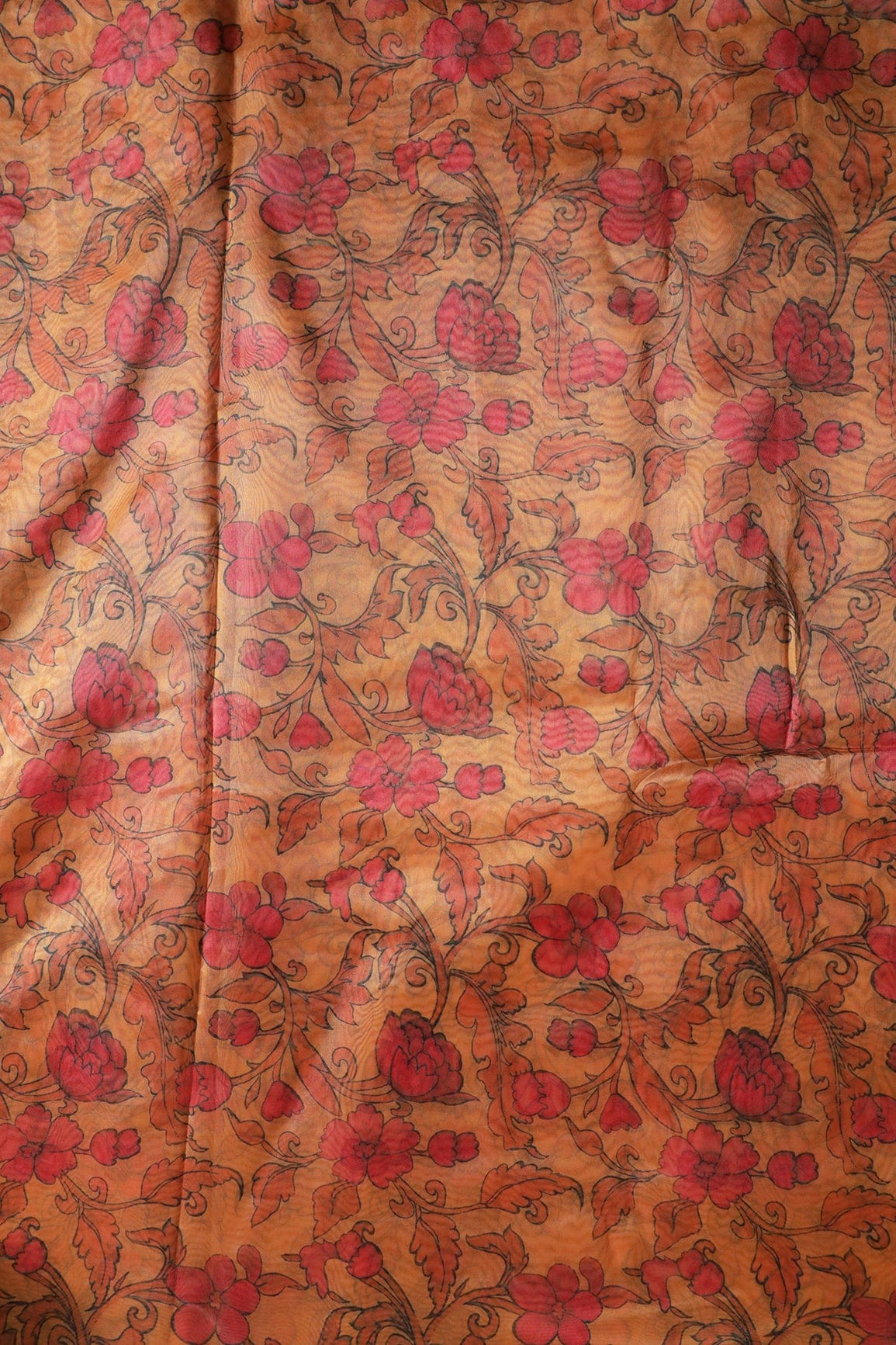 Red Floral Digital Print On Orange Organza Fabric - doeraa