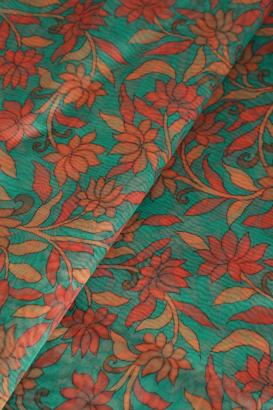 Red Floral Digital Print On Rama Organza Fabric - doeraa