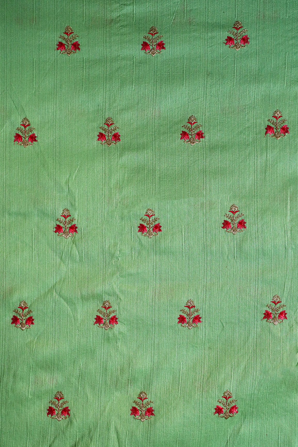 Red Floral Embroidery on Green Mulberry Silk Fabric - doeraa