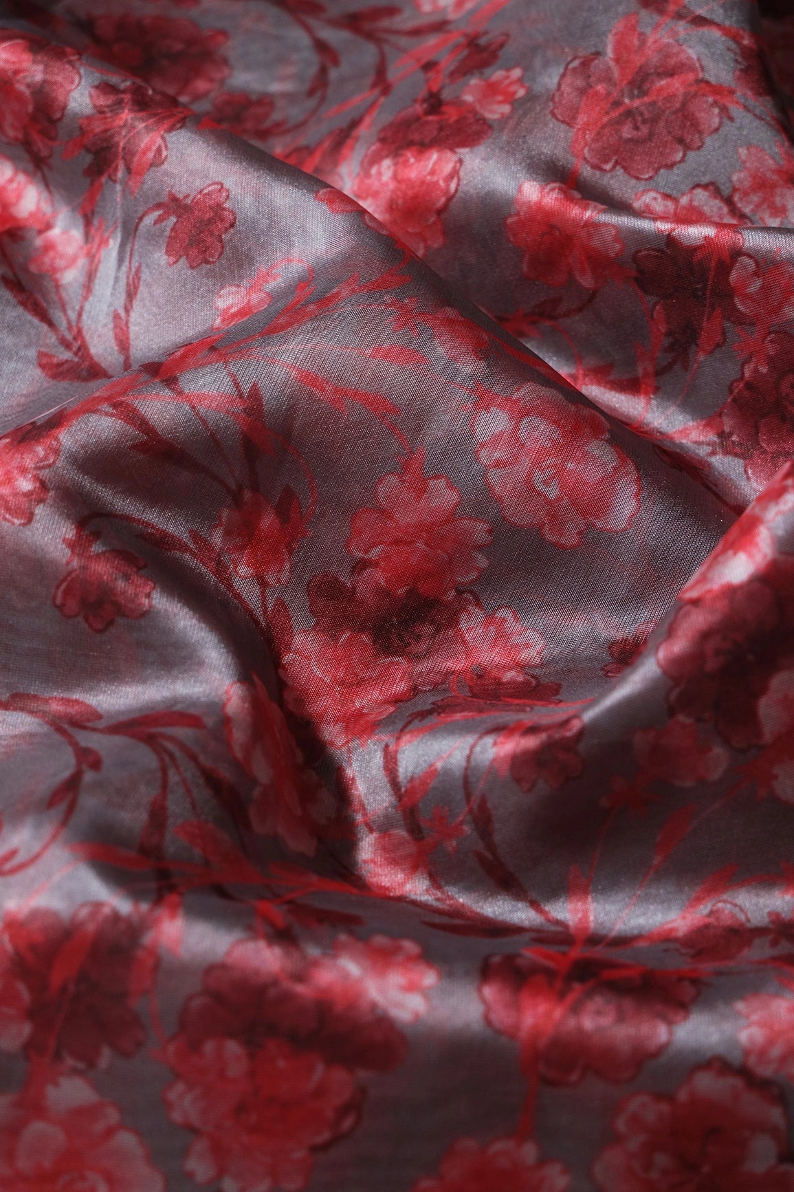 Red Floral Pattern Digital Print On Grey Organza Fabric - doeraa