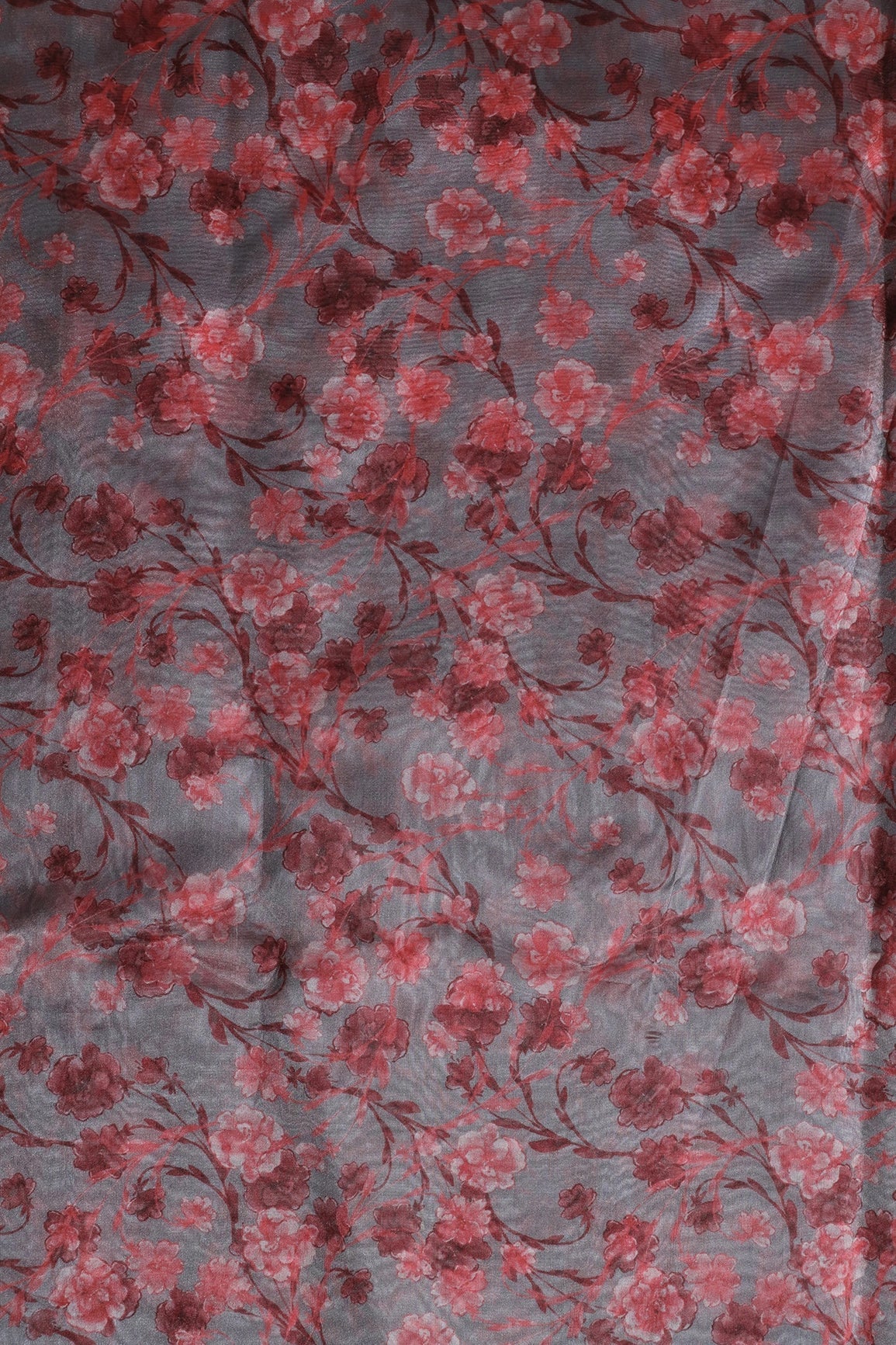 Red Floral Pattern Digital Print On Grey Organza Fabric - doeraa