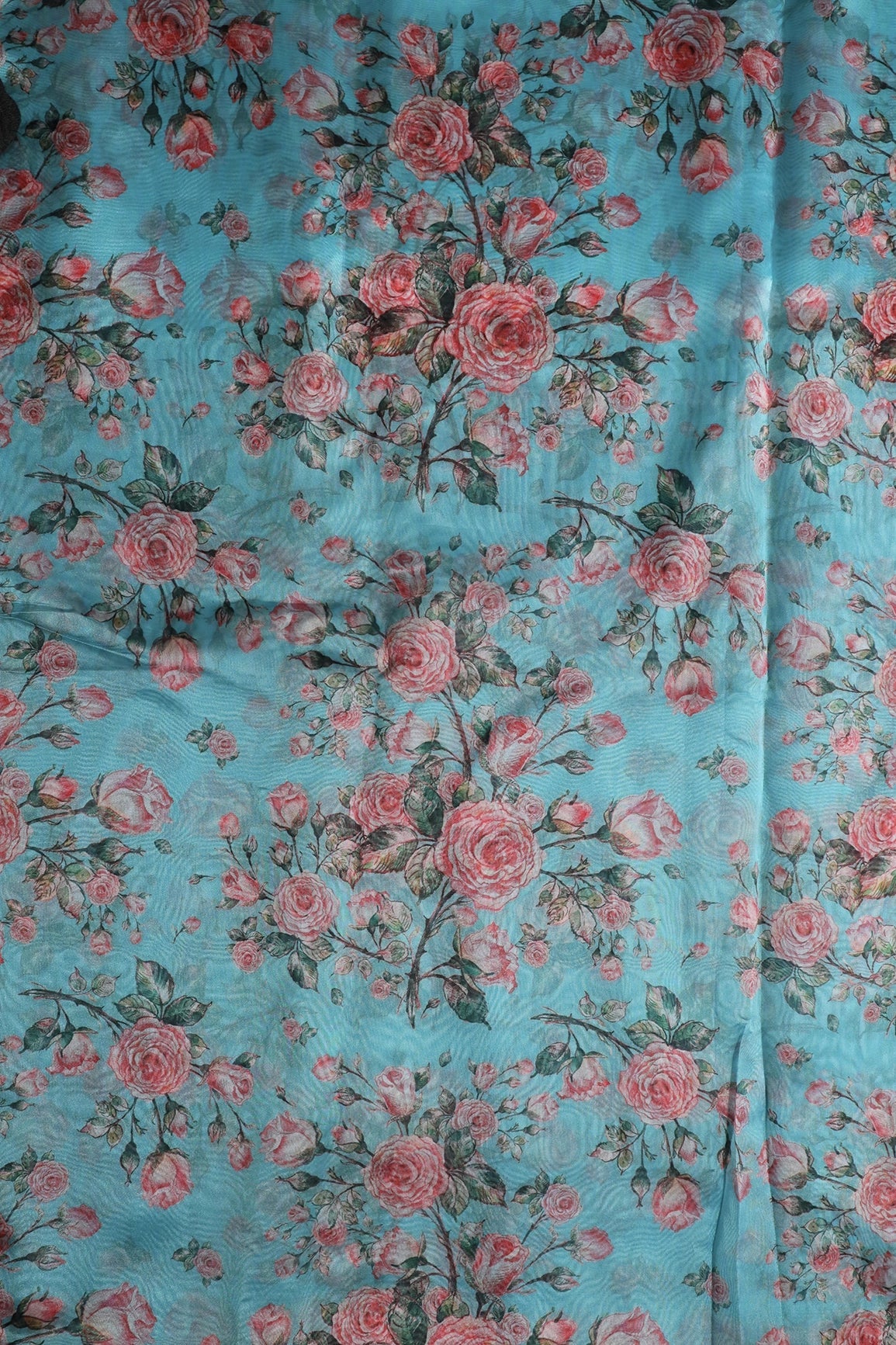 Red Floral Pattern Digital Print On Sky Blue Organza Fabric - doeraa