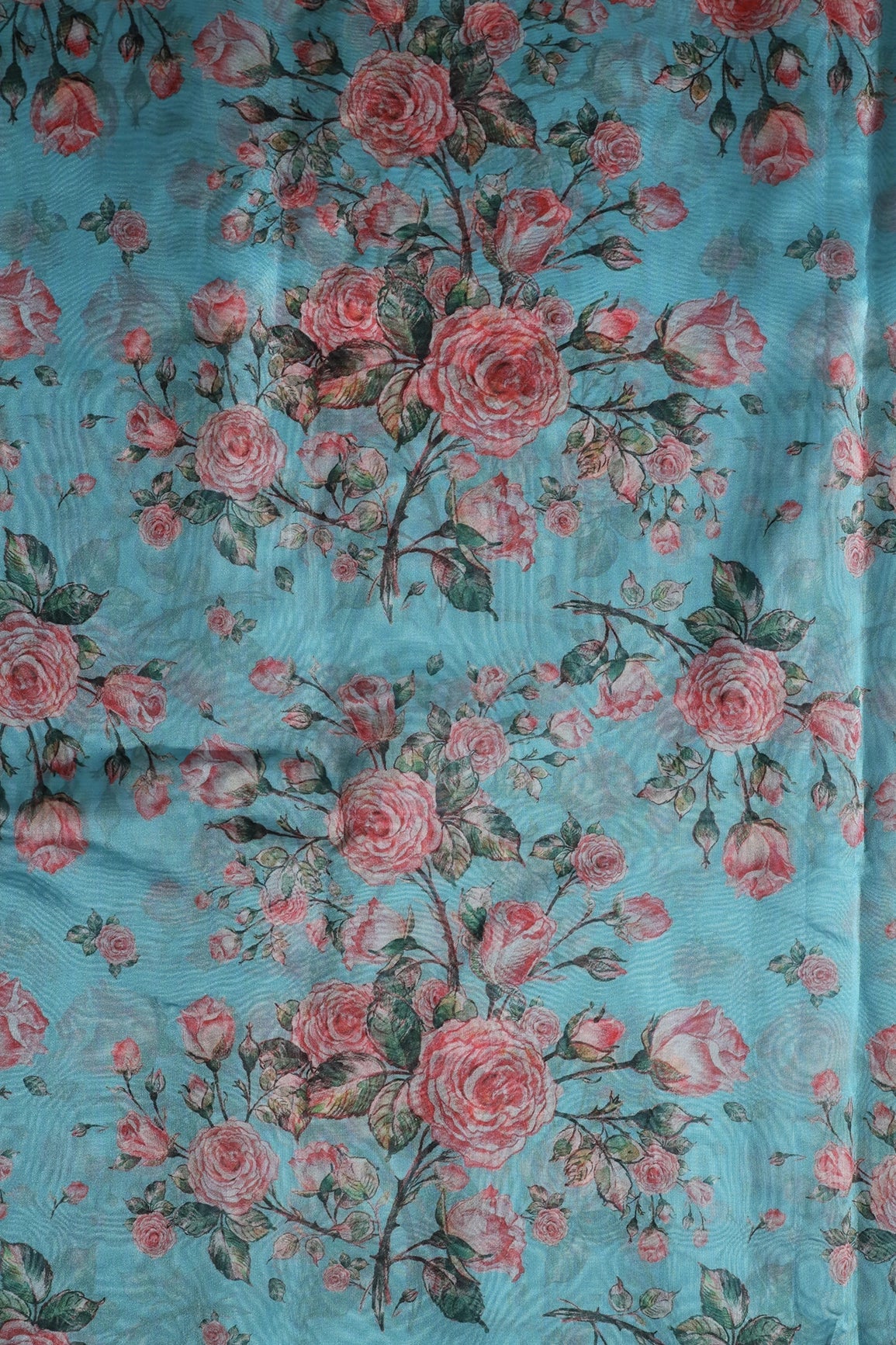 Red Floral Pattern Digital Print On Sky Blue Organza Fabric - doeraa