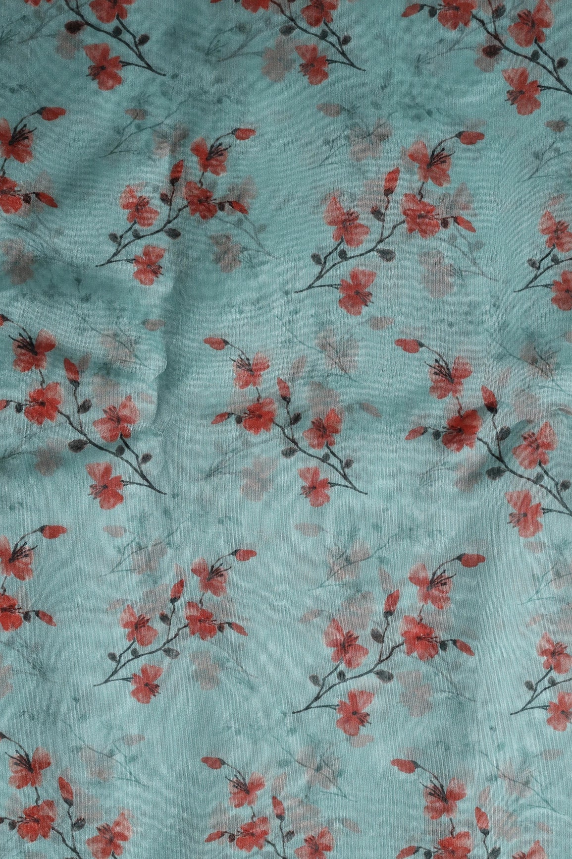 Red Floral Pattern Digital Print On Sky Organza Fabric - doeraa