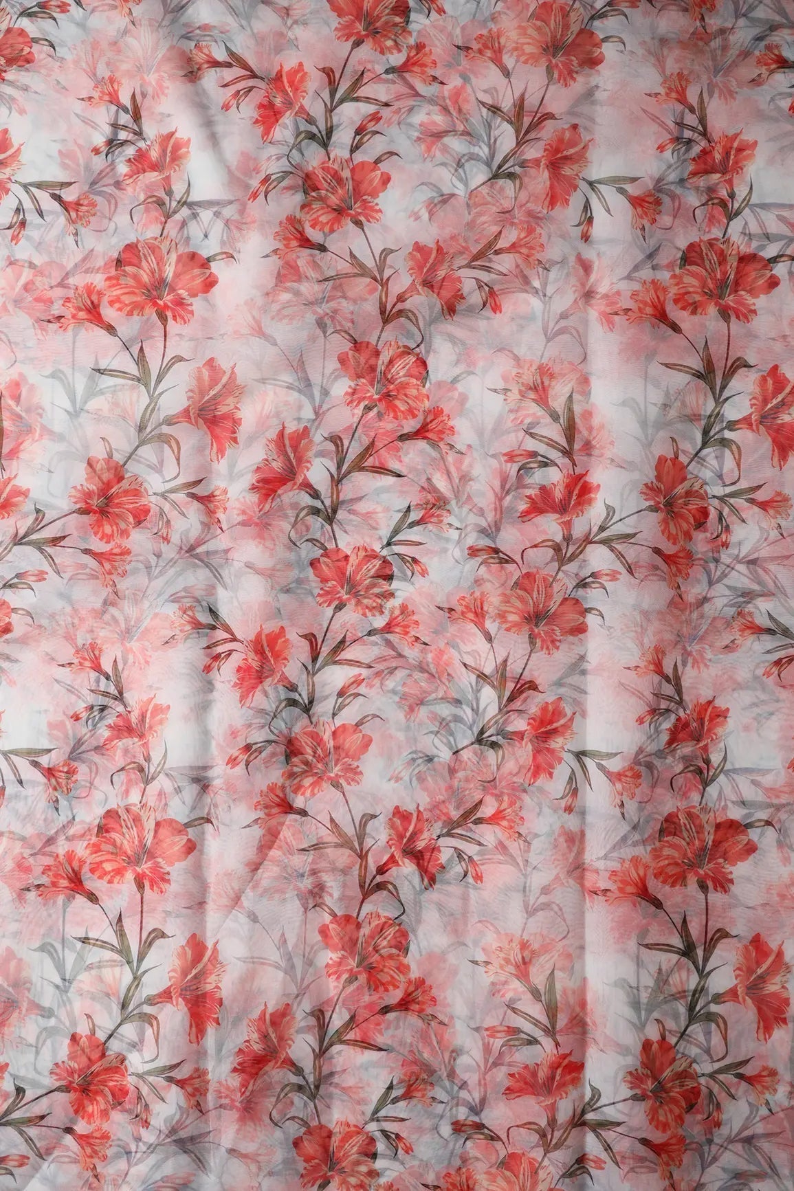 Red Floral Pattern Digital Print On White Organza Fabric - doeraa