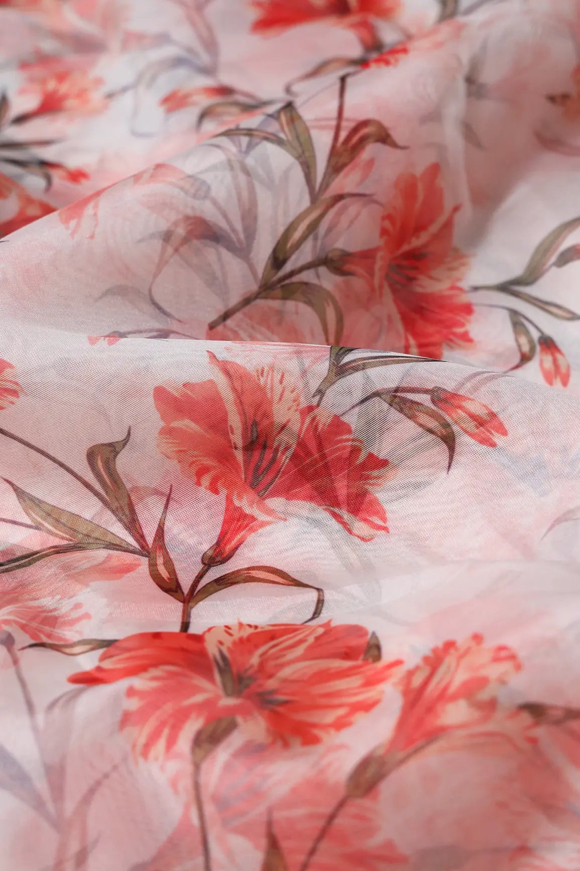 Red Floral Pattern Digital Print On White Organza Fabric - doeraa