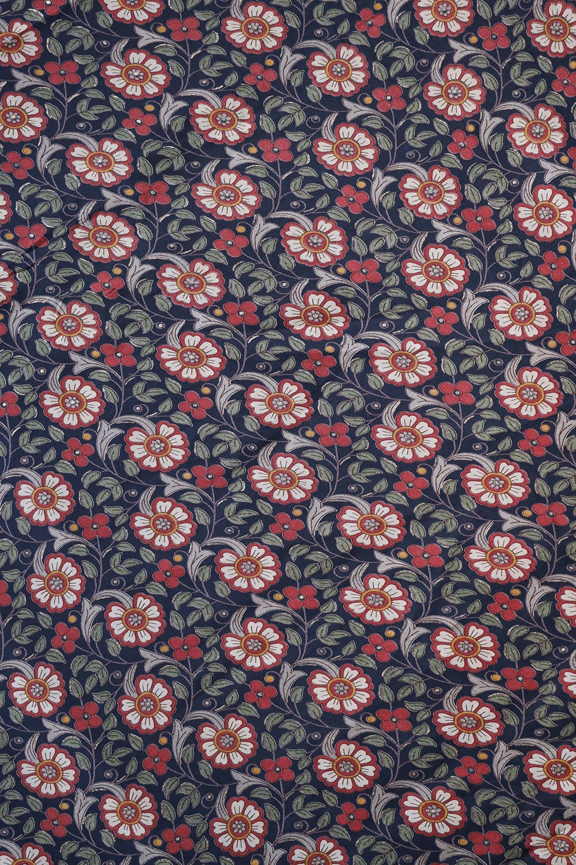 Red Floral Pattern Foil Screen Print On Navy Blue Chanderi Silk Fabric - doeraa