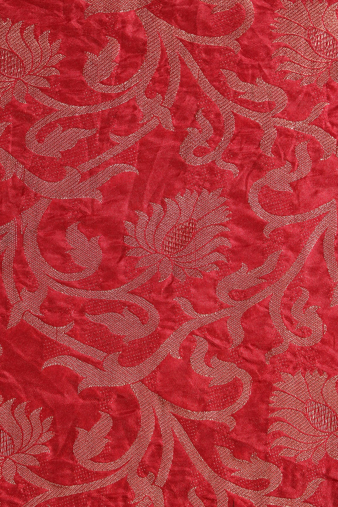 Red Floral Silk Gold Zari Banarasi Jacquard Fabric - doeraa